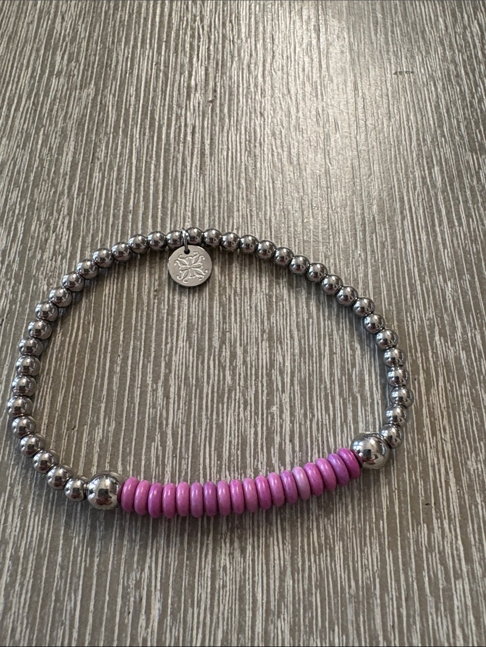 Rustic Cuff Silver Beaded Bracelet with Pink Disc Accents